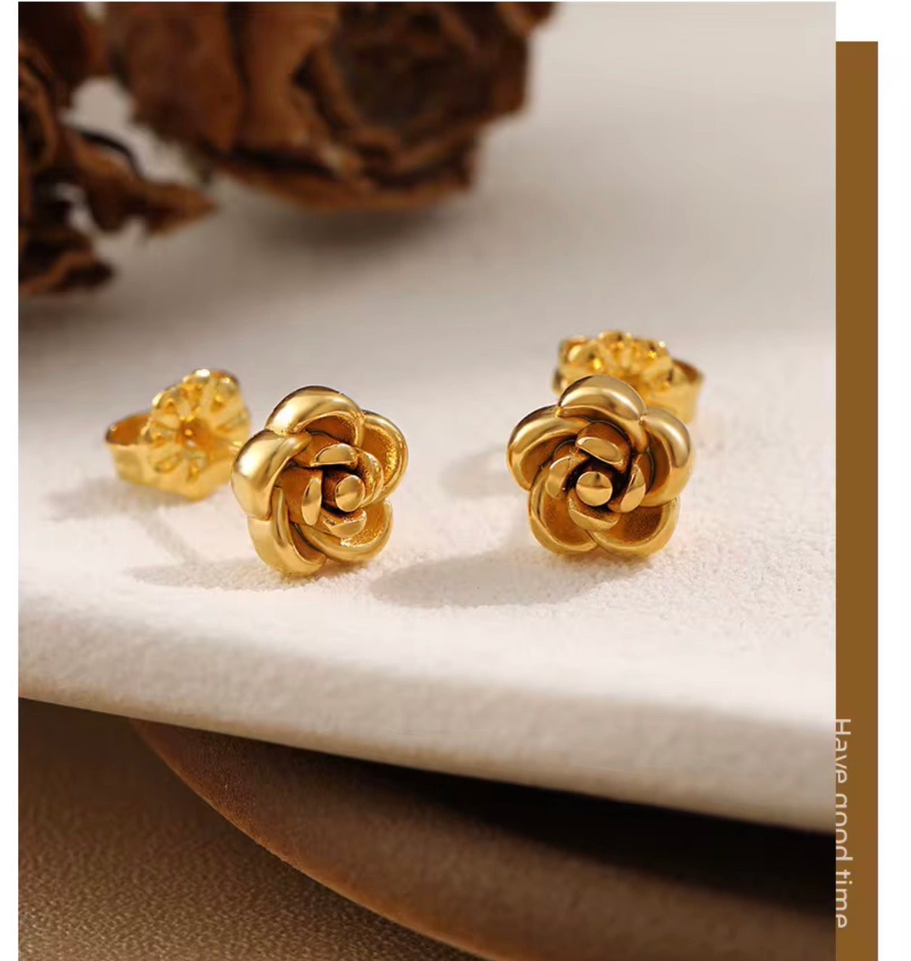 18k gold plated rose earrings studs