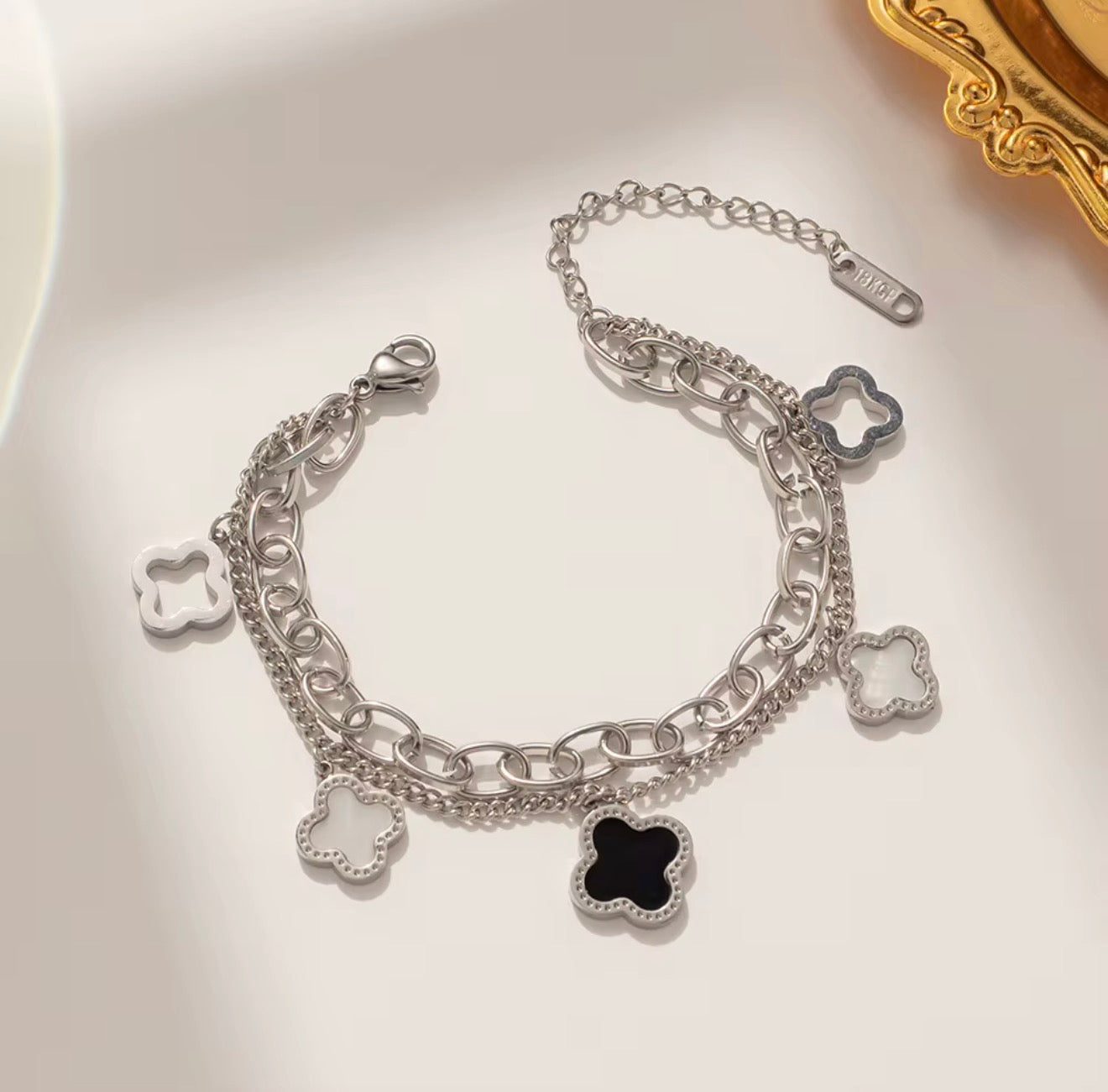 Silver white black flower charm bracelet